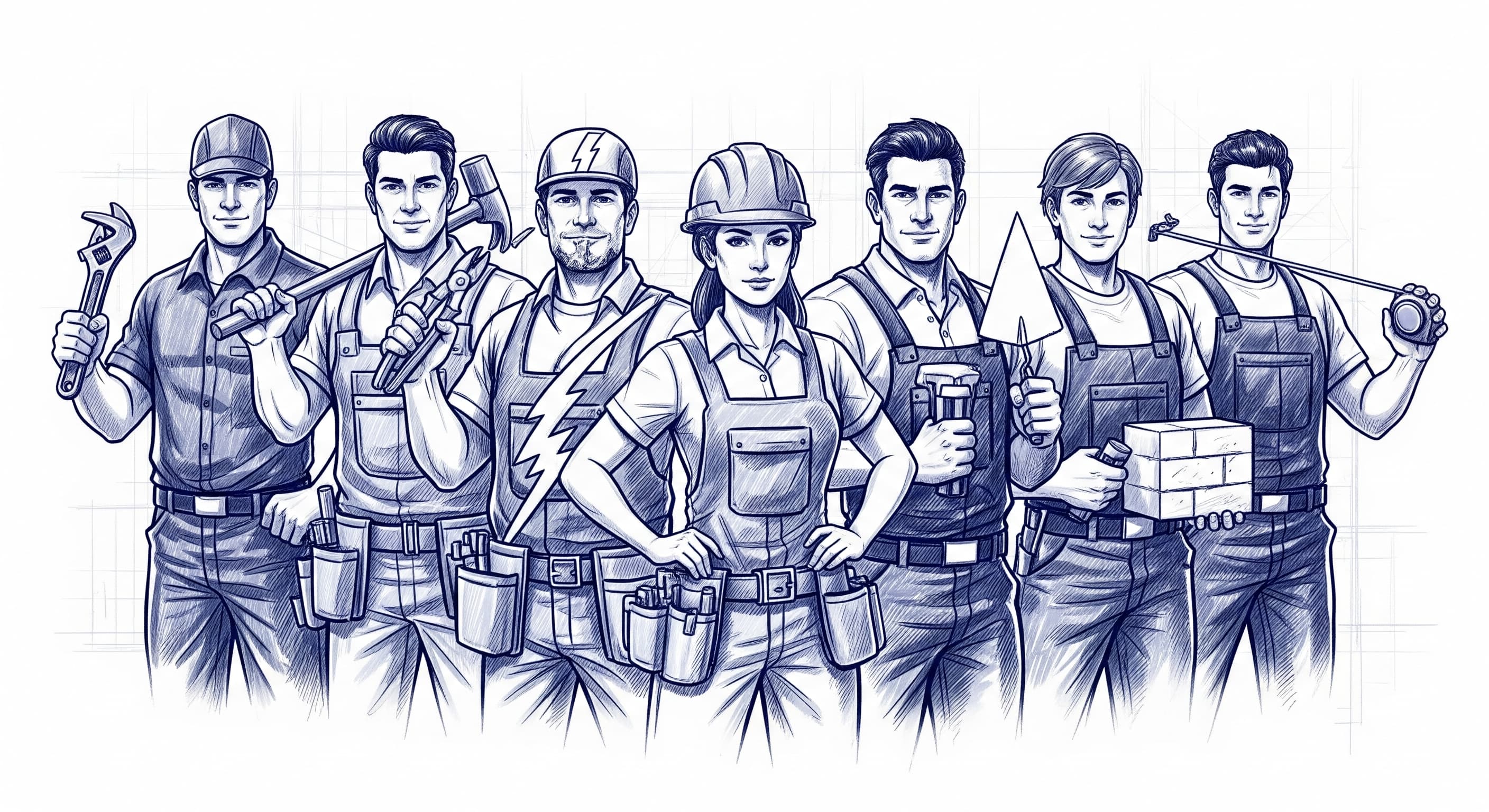 Skilled trades professionals looking like superheroes